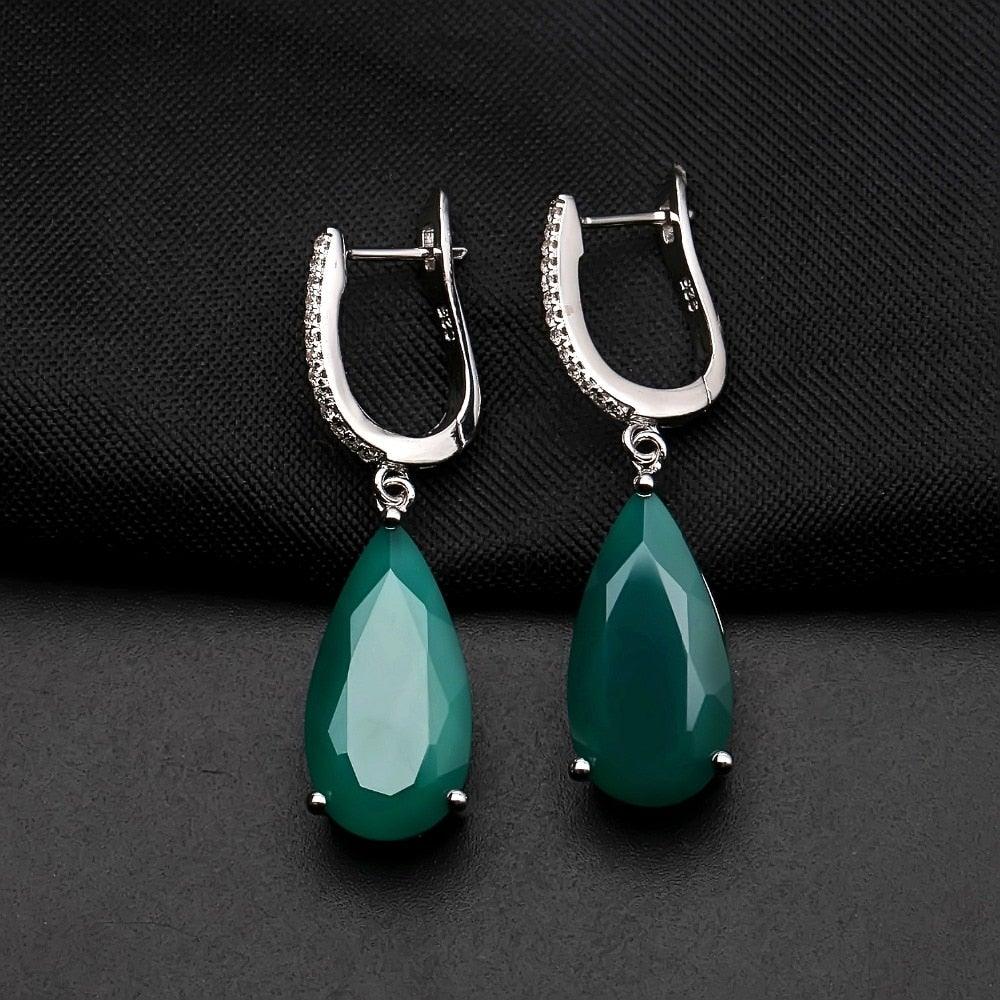 Elegant Sterling Silver Green Agate Drop Earrings with Cubic Zirconia - Lucid Fantasy 