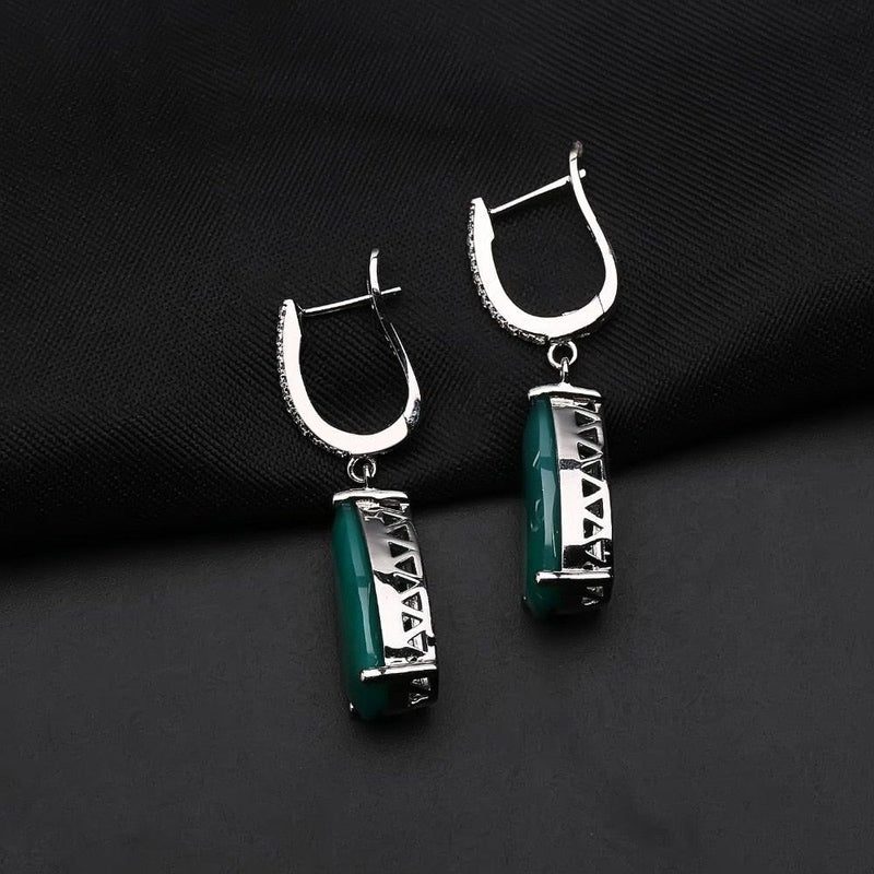 Elegant Sterling Silver Green Agate Drop Earrings with Cubic Zirconia - Lucid Fantasy 