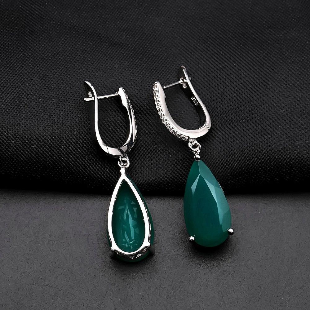 Elegant Sterling Silver Green Agate Drop Earrings with Cubic Zirconia - Lucid Fantasy 