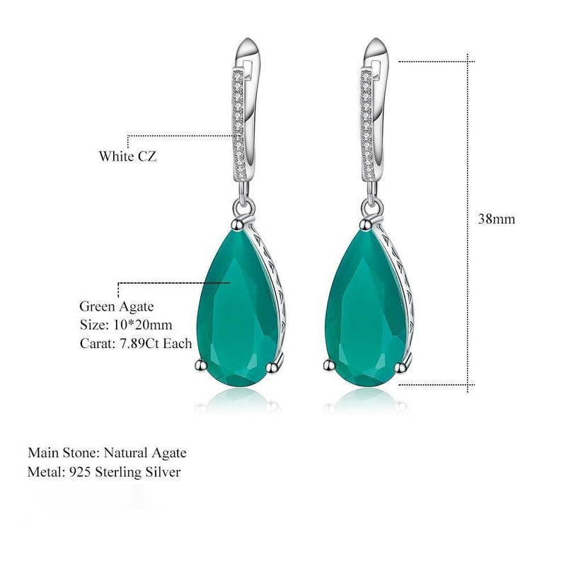 Elegant Sterling Silver Green Agate Drop Earrings with Cubic Zirconia - Lucid Fantasy 