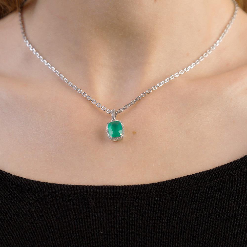 Elegant Sterling Silver Green Agate Pendant Necklace with Halo Design - Lucid Fantasy 