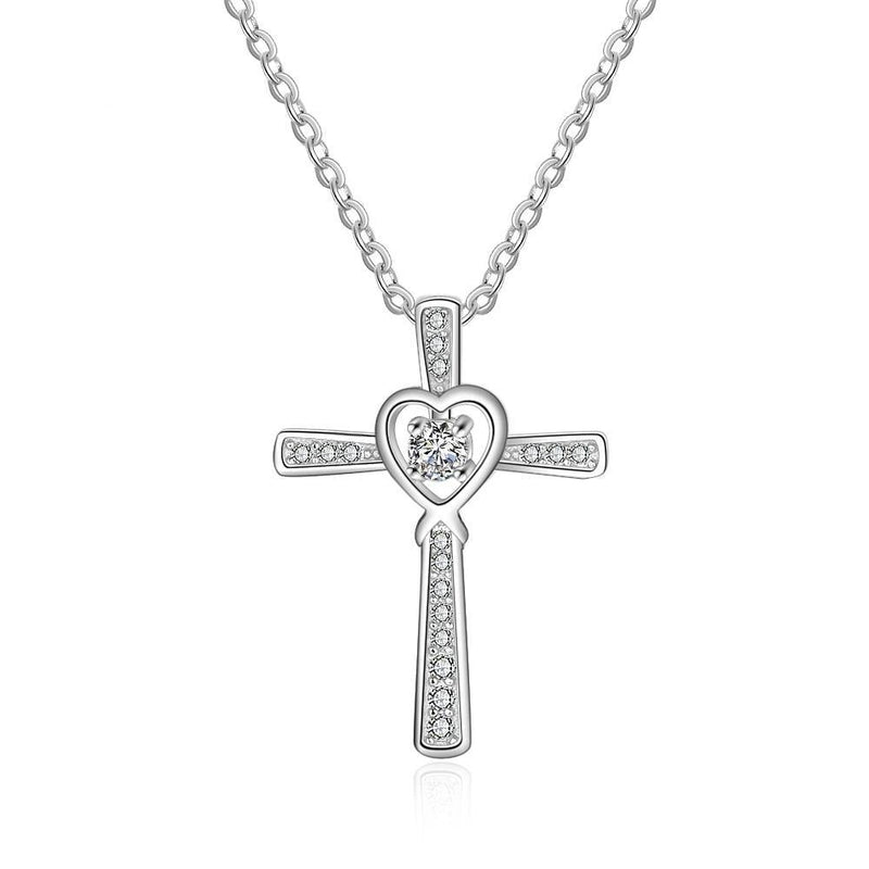 Elegant Sterling Silver Heart-Shaped Cross Necklace with AAA White Cubic Zirconia - Lucid Fantasy 