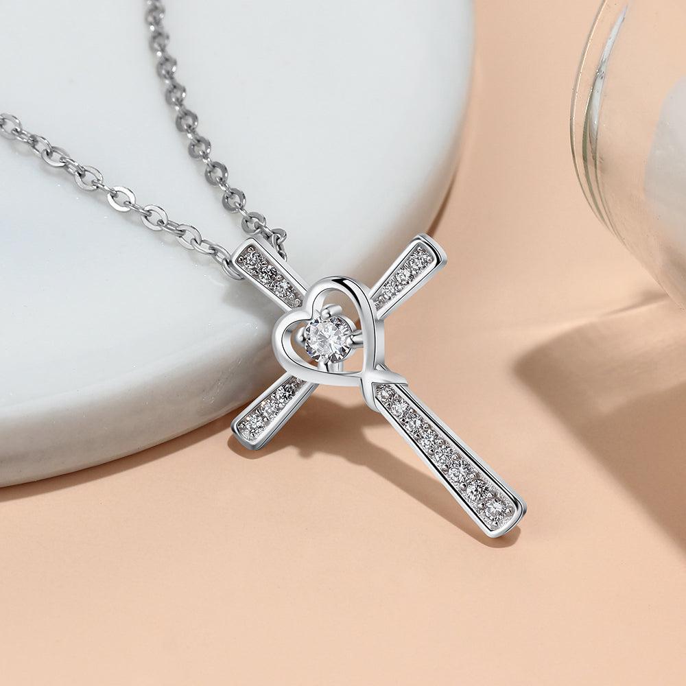 Elegant Sterling Silver Heart-Shaped Cross Necklace with AAA White Cubic Zirconia - Lucid Fantasy 