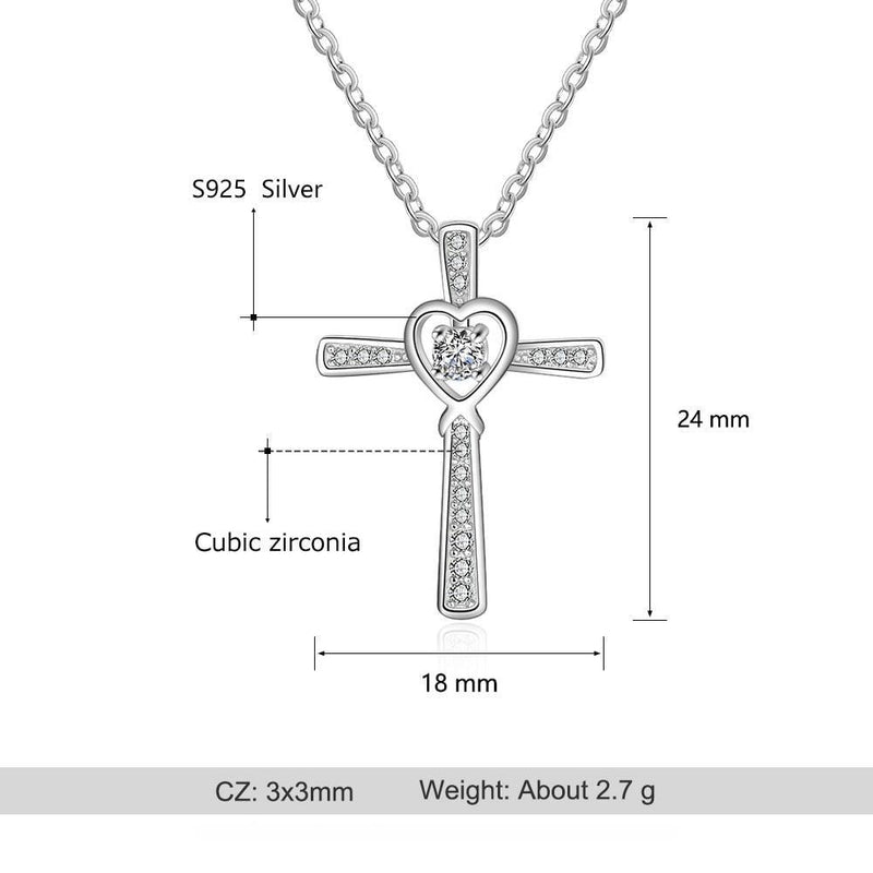 Elegant Sterling Silver Heart-Shaped Cross Necklace with AAA White Cubic Zirconia - Lucid Fantasy 