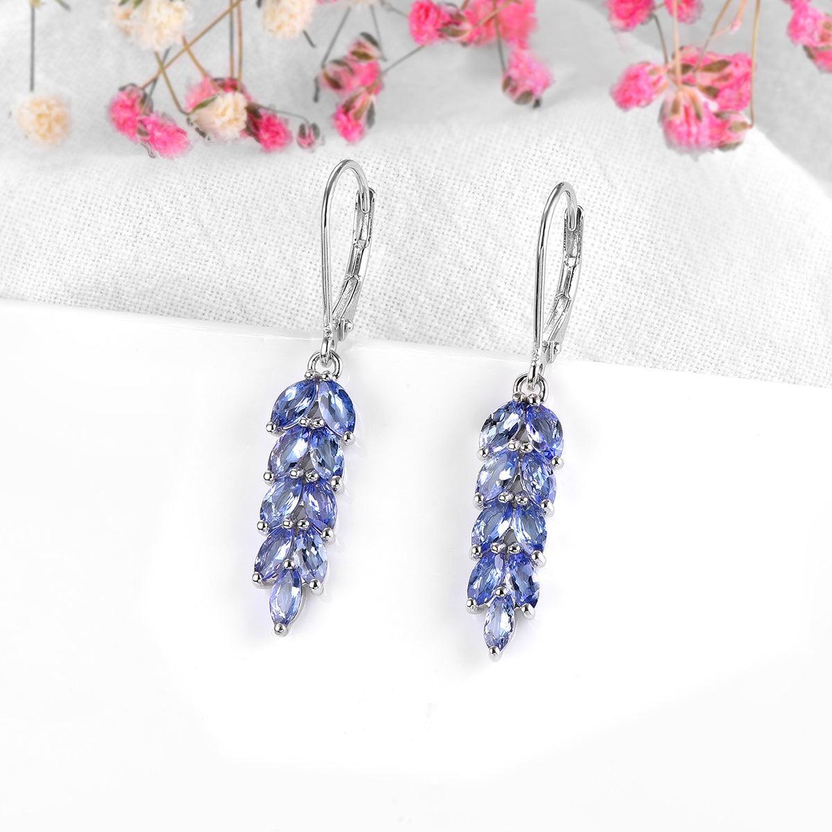 Elegant Sterling Silver Leaf Dangle Earrings with 2.3ct Natural Marquise Cut Tanzanite - Lucid Fantasy 