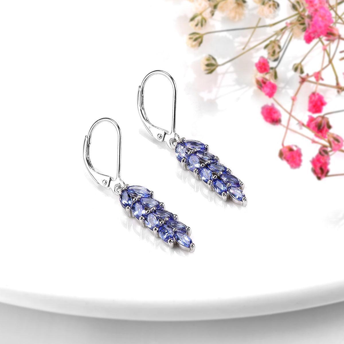 Elegant Sterling Silver Leaf Dangle Earrings with 2.3ct Natural Marquise Cut Tanzanite - Lucid Fantasy 