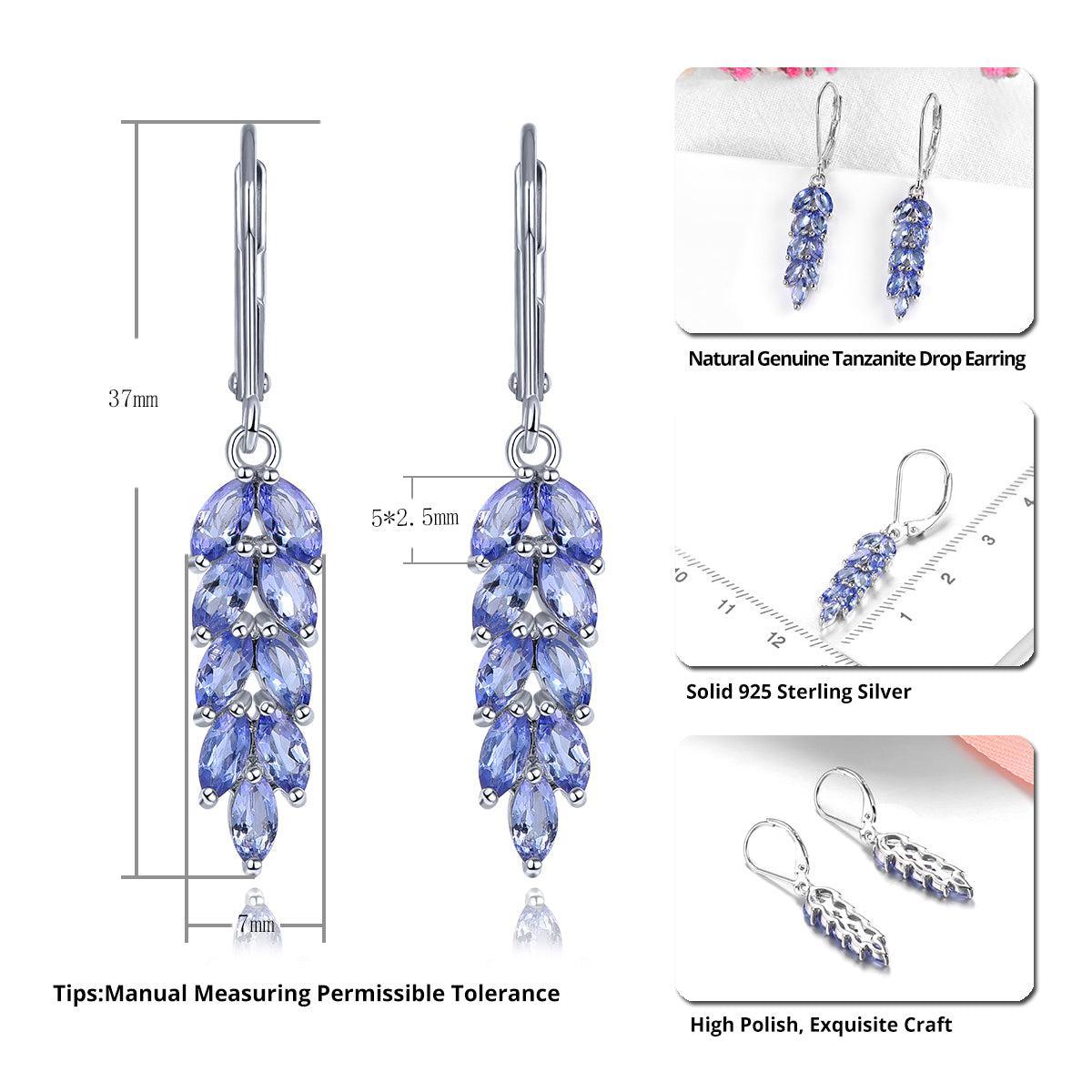 Elegant Sterling Silver Leaf Dangle Earrings with 2.3ct Natural Marquise Cut Tanzanite - Lucid Fantasy 