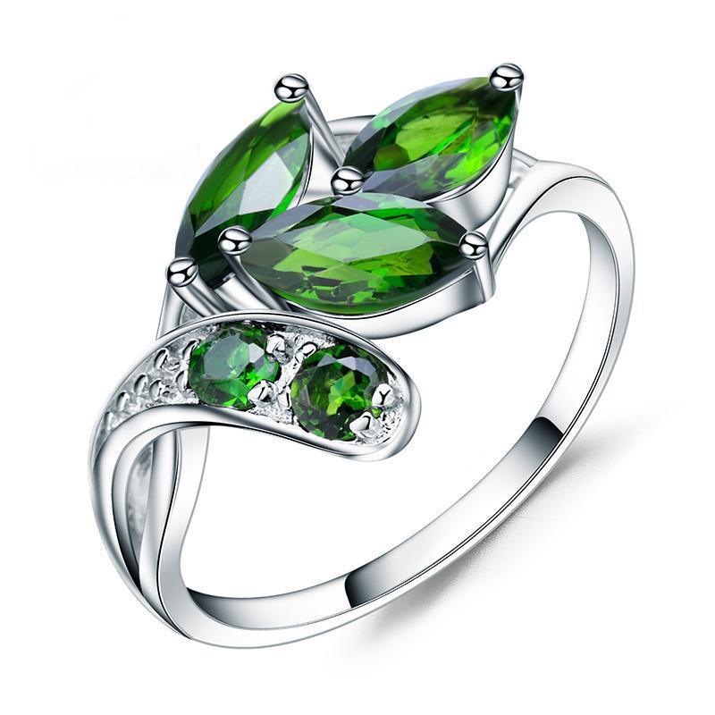 Elegant Sterling Silver Leaf Ring with Chrome Diopside Gemstones - Lucid Fantasy 