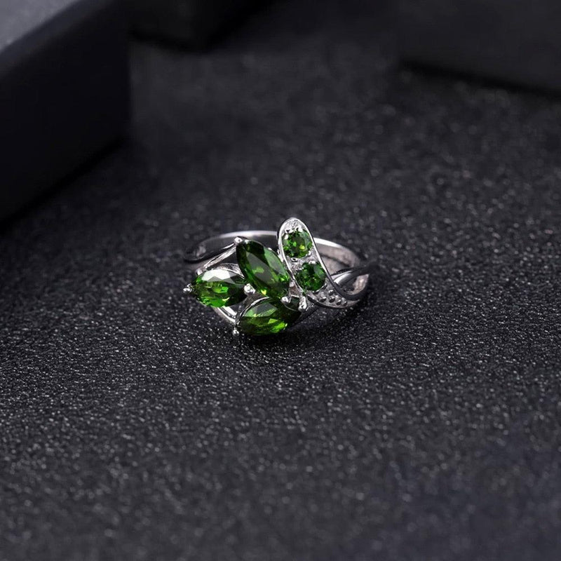 Elegant Sterling Silver Leaf Ring with Chrome Diopside Gemstones - Lucid Fantasy 