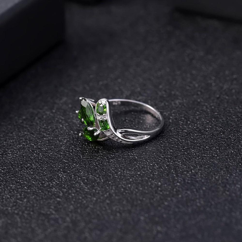 Elegant Sterling Silver Leaf Ring with Chrome Diopside Gemstones - Lucid Fantasy 