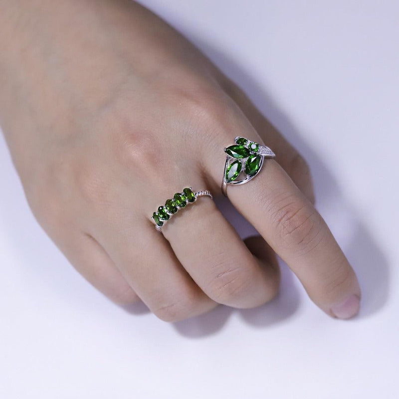 Elegant Sterling Silver Leaf Ring with Chrome Diopside Gemstones - Lucid Fantasy 