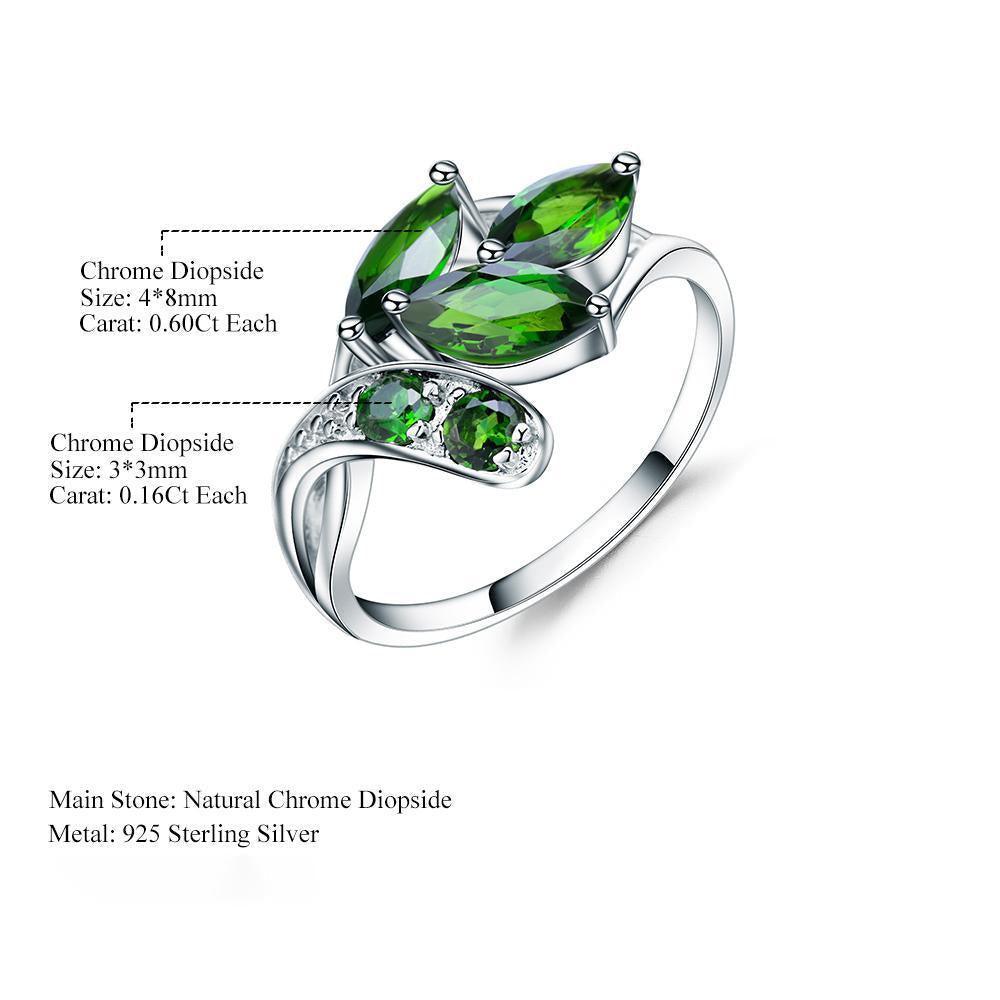 Elegant Sterling Silver Leaf Ring with Chrome Diopside Gemstones - Lucid Fantasy 