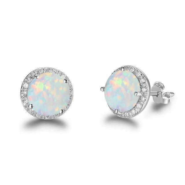 Elegant Sterling Silver Opal Halo Stud Earrings with White CZ Accents - Lucid Fantasy 