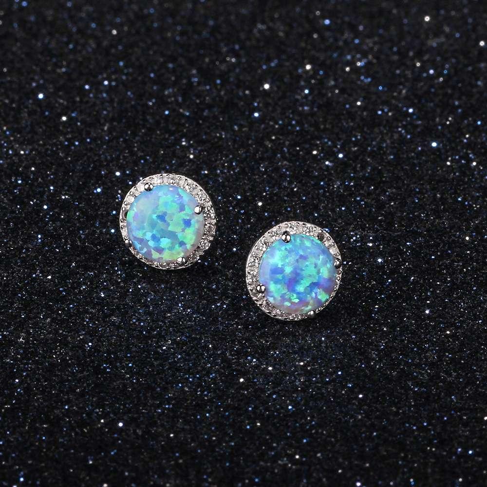 Elegant Sterling Silver Opal Halo Stud Earrings with White CZ Accents - Lucid Fantasy 