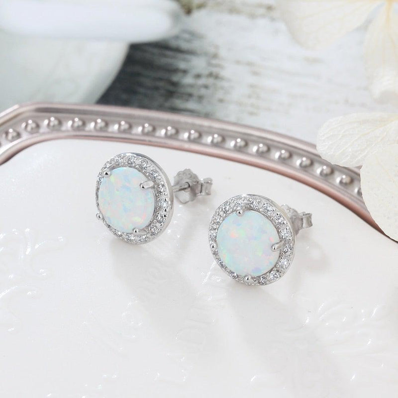 Elegant Sterling Silver Opal Halo Stud Earrings with White CZ Accents - Lucid Fantasy 