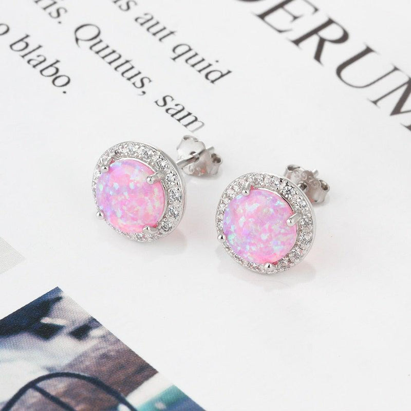 Elegant Sterling Silver Opal Halo Stud Earrings with White CZ Accents - Lucid Fantasy 