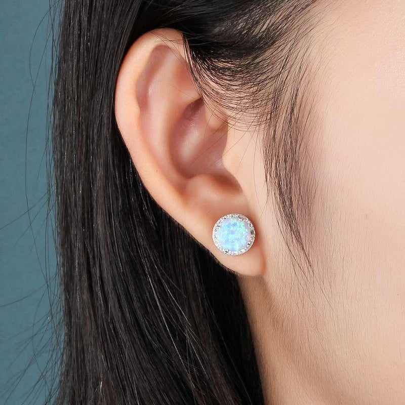 Elegant Sterling Silver Opal Halo Stud Earrings with White CZ Accents - Lucid Fantasy 