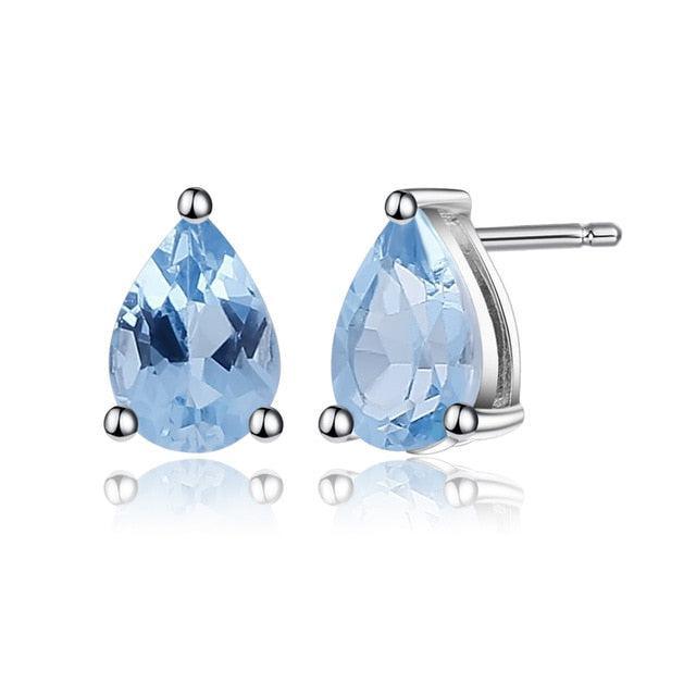 Elegant Sterling Silver Pear-Shaped Stud Earrings with Swiss Blue Topaz, Mystic Quartz, and Rhodolite Garnet - Lucid Fantasy 