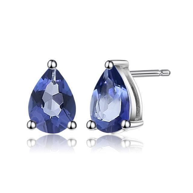 Elegant Sterling Silver Pear-Shaped Stud Earrings with Swiss Blue Topaz, Mystic Quartz, and Rhodolite Garnet - Lucid Fantasy 