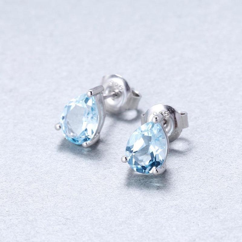 Elegant Sterling Silver Pear-Shaped Stud Earrings with Swiss Blue Topaz, Mystic Quartz, and Rhodolite Garnet - Lucid Fantasy 