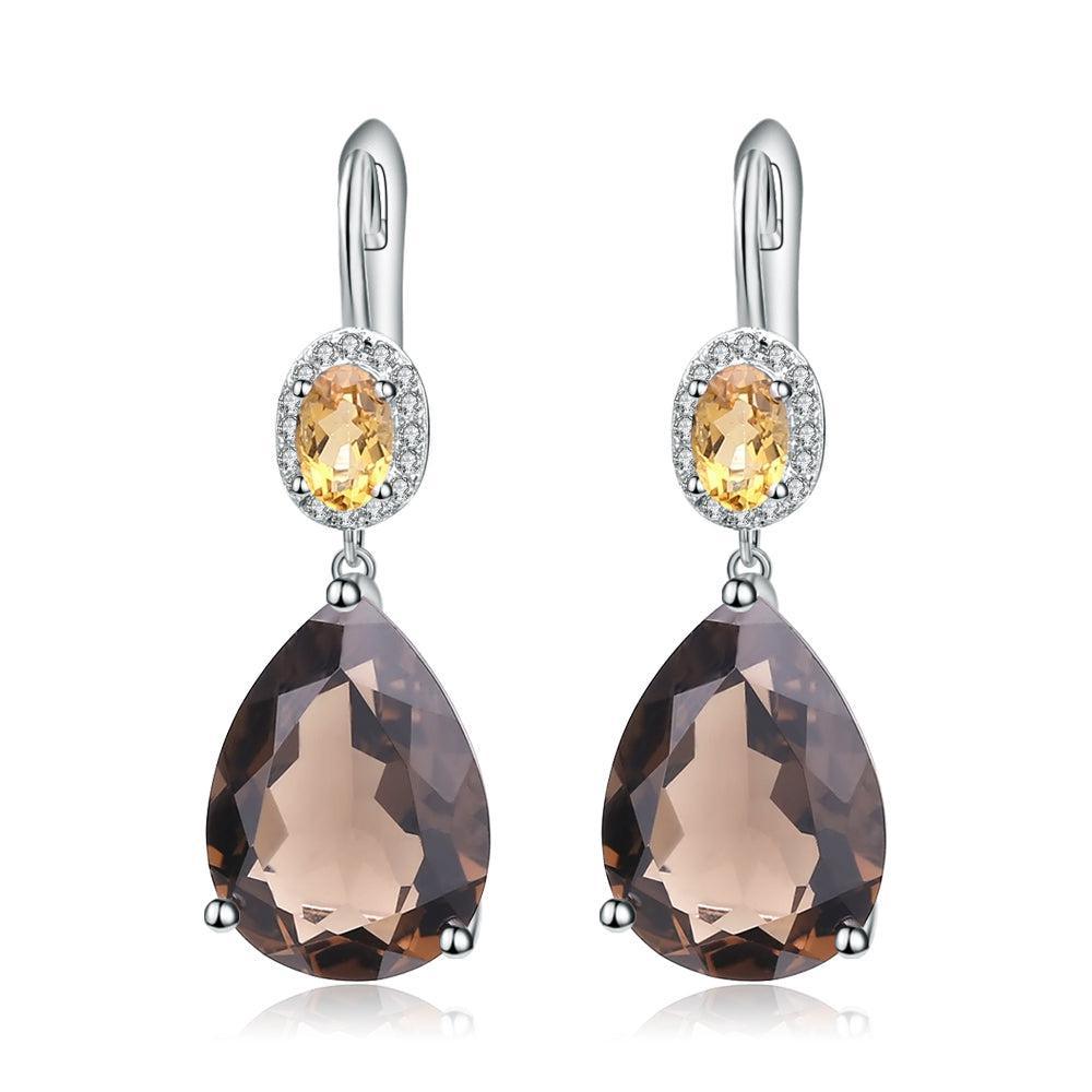 Elegant Sterling Silver Smoky Quartz and Citrine Gemstone Drop Earrings - Lucid Fantasy 