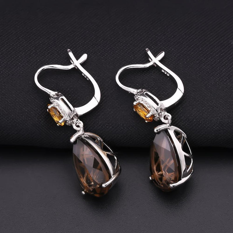 Elegant Sterling Silver Smoky Quartz and Citrine Gemstone Drop Earrings - Lucid Fantasy 