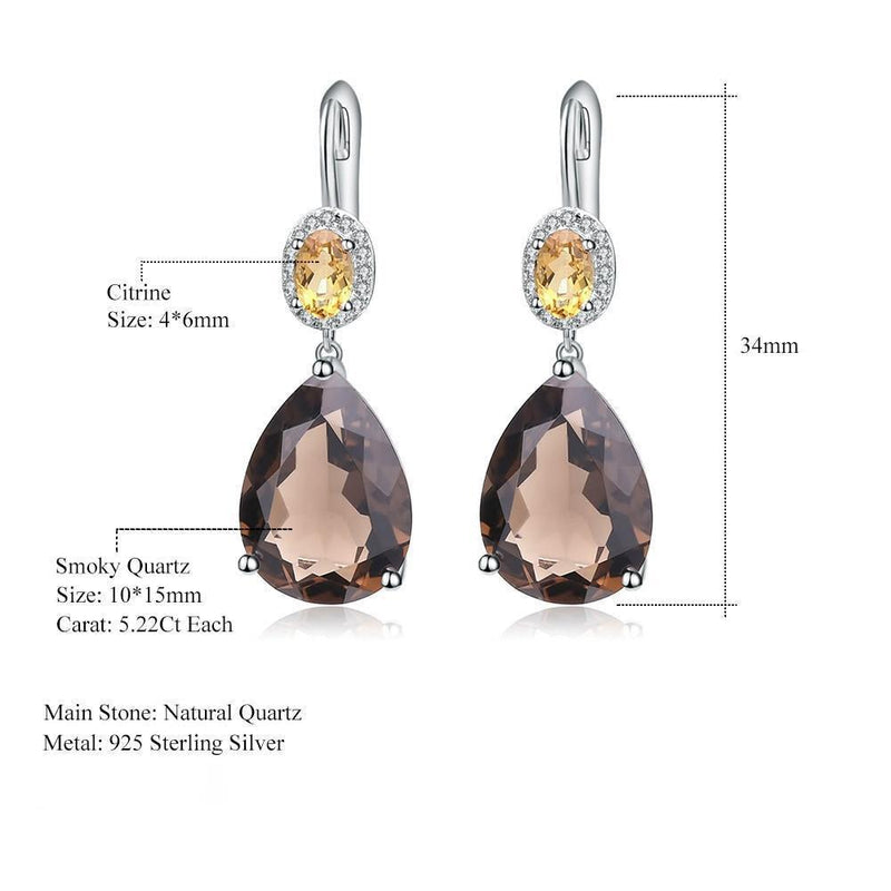 Elegant Sterling Silver Smoky Quartz and Citrine Gemstone Drop Earrings - Lucid Fantasy 