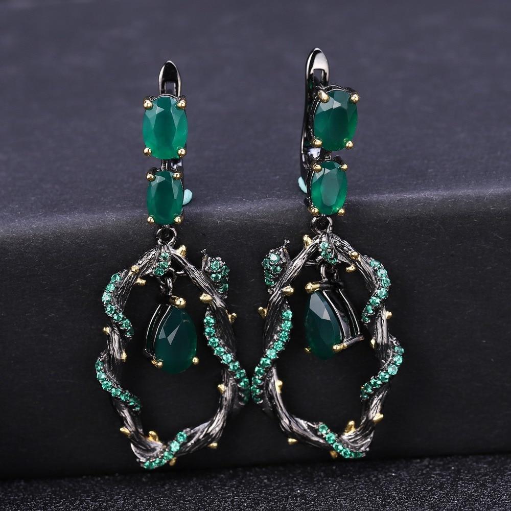 Elegant Sterling Silver Snake Design Green Agate Dangle Earrings - Lucid Fantasy 