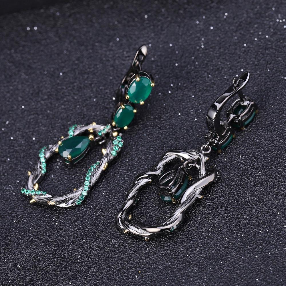 Elegant Sterling Silver Snake Design Green Agate Dangle Earrings - Lucid Fantasy 