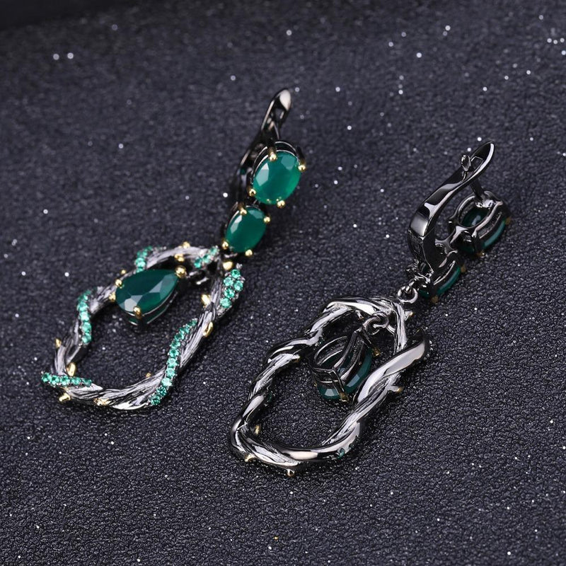 Elegant Sterling Silver Snake Design Green Agate Dangle Earrings - Lucid Fantasy 