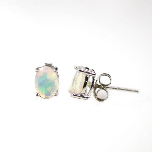 Elegant Sterling Silver White Opal Oval Stud Earrings - Lucid Fantasy 