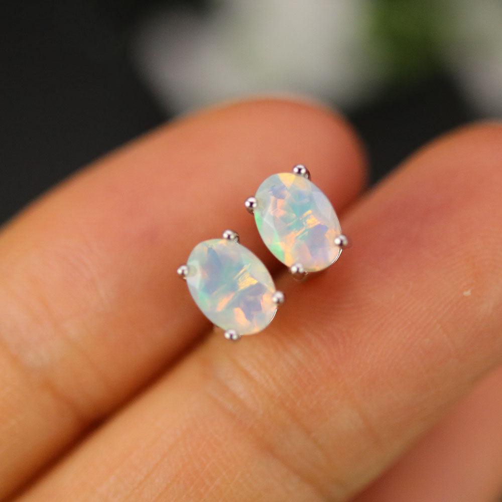 Elegant Sterling Silver White Opal Oval Stud Earrings - Lucid Fantasy 