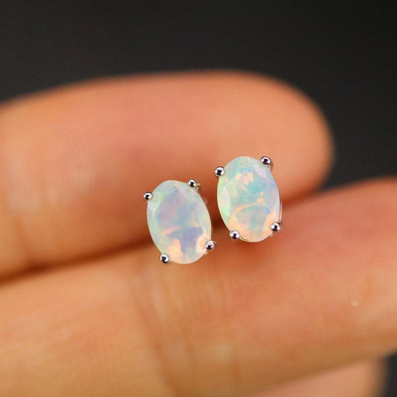 Elegant Sterling Silver White Opal Oval Stud Earrings - Lucid Fantasy 