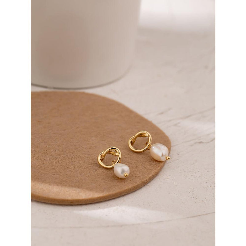 Elegant Twist Pearl Drop Earrings in Gold Metal - Lucid Fantasy 