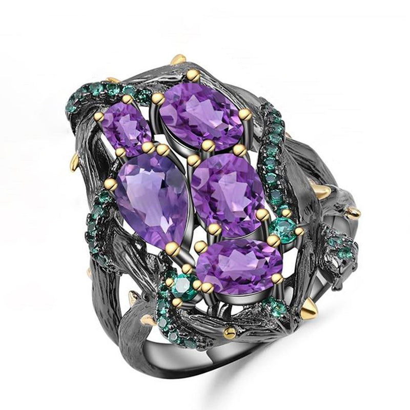 Emerald and Amethyst Snake Ring in Sterling Silver - Lucid Fantasy 