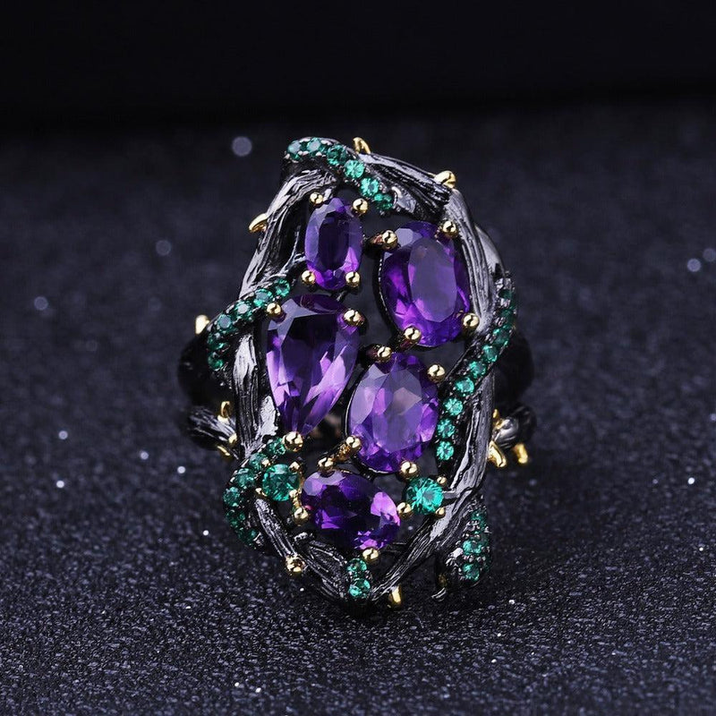 Emerald and Amethyst Snake Ring in Sterling Silver - Lucid Fantasy 