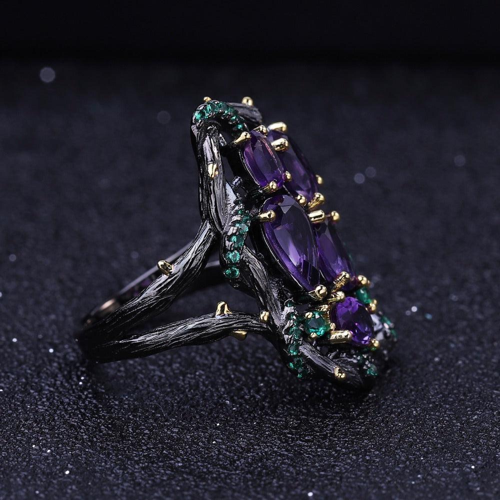 Emerald and Amethyst Snake Ring in Sterling Silver - Lucid Fantasy 