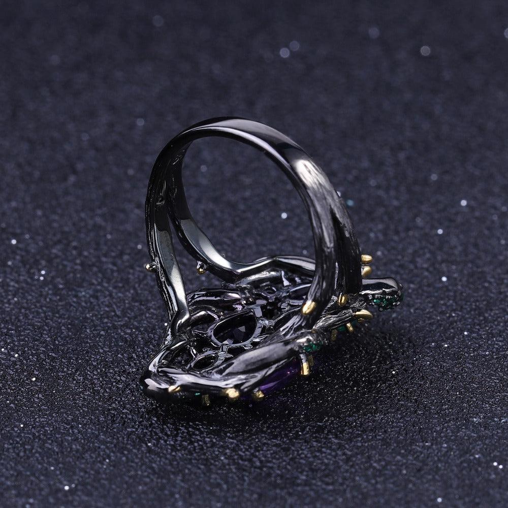 Emerald and Amethyst Snake Ring in Sterling Silver - Lucid Fantasy 