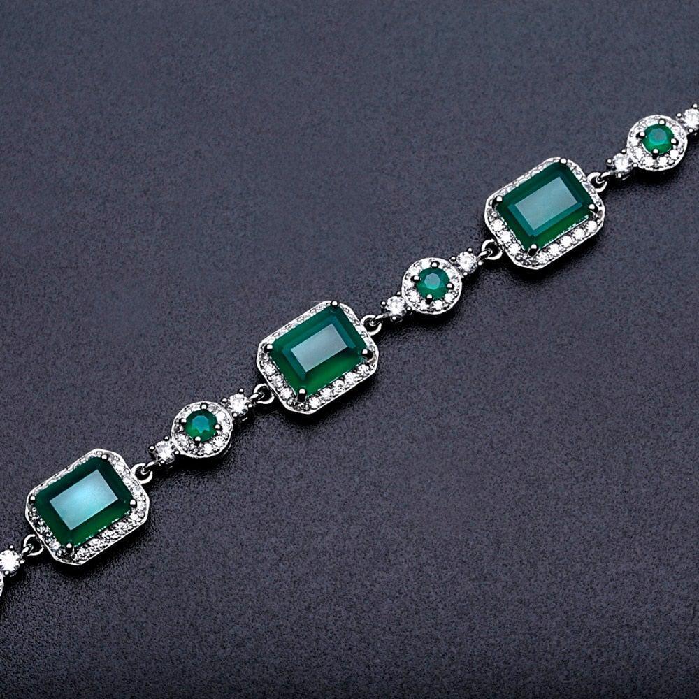 Emerald Cut Green Agate and Sterling Silver Link Bracelet - Lucid Fantasy 