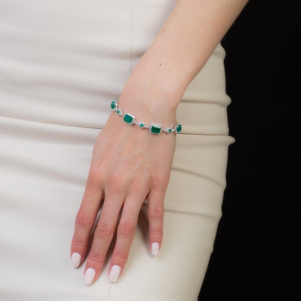 Emerald Cut Green Agate and Sterling Silver Link Bracelet - Lucid Fantasy 