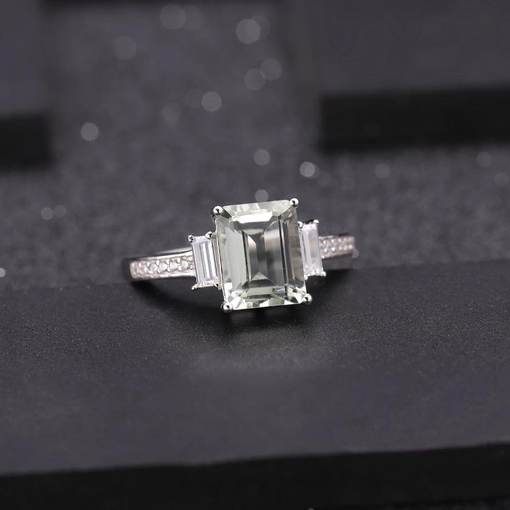 Emerald Cut Green Amethyst and Cubic Zirconia Ring in Sterling Silver - Lucid Fantasy 