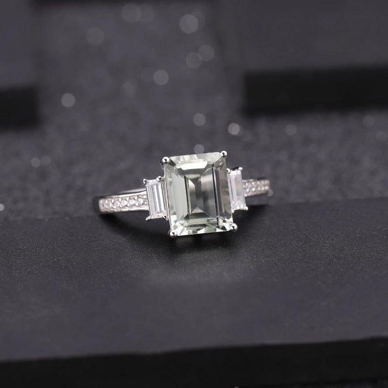 Emerald Cut Green Amethyst and Cubic Zirconia Ring in Sterling Silver - Lucid Fantasy 