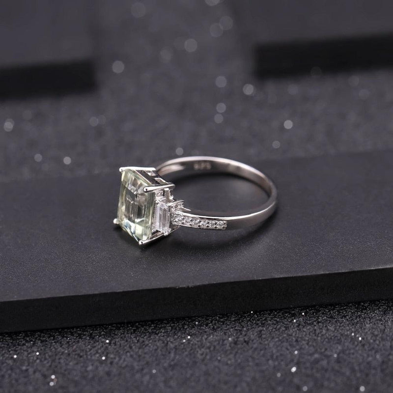 Emerald Cut Green Amethyst and Cubic Zirconia Ring in Sterling Silver - Lucid Fantasy 