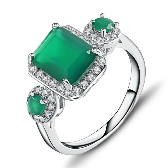 Emerald Cut Triple Green Agate Ring with Cubic Zirconia Halo in Sterling Silver - Lucid Fantasy 