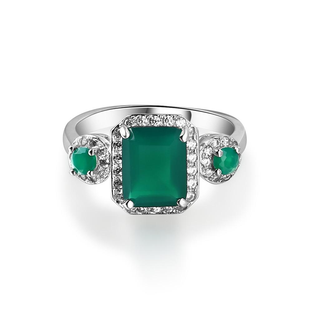 Emerald Cut Triple Green Agate Ring with Cubic Zirconia Halo in Sterling Silver - Lucid Fantasy 