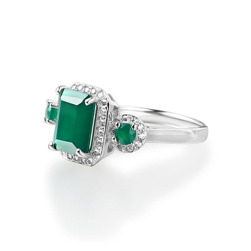 Emerald Cut Triple Green Agate Ring with Cubic Zirconia Halo in Sterling Silver - Lucid Fantasy 