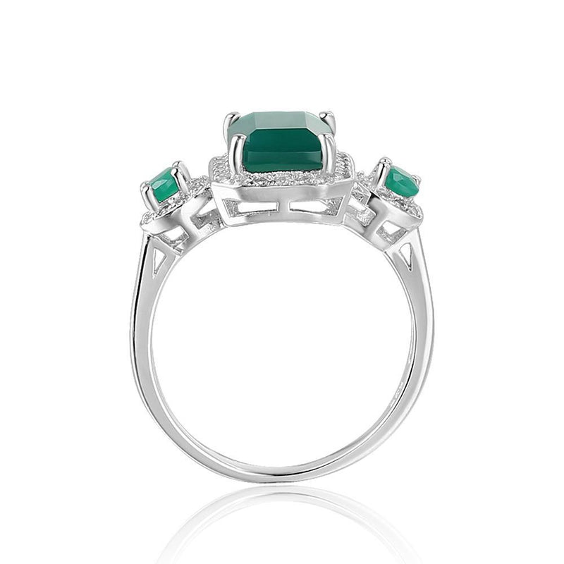 Emerald Cut Triple Green Agate Ring with Cubic Zirconia Halo in Sterling Silver - Lucid Fantasy 