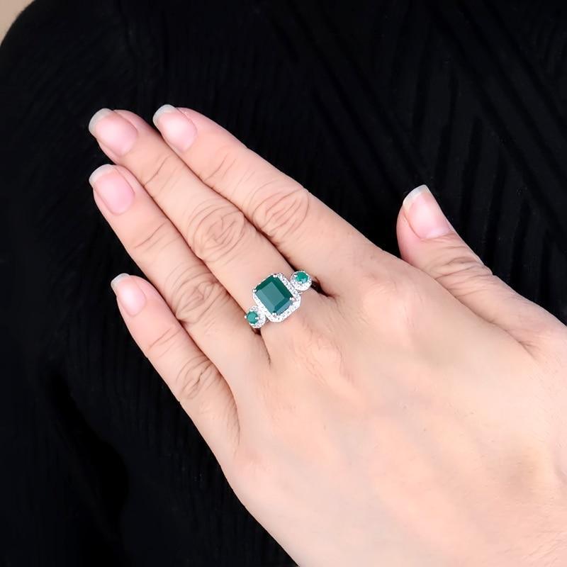 Emerald Cut Triple Green Agate Ring with Cubic Zirconia Halo in Sterling Silver - Lucid Fantasy 