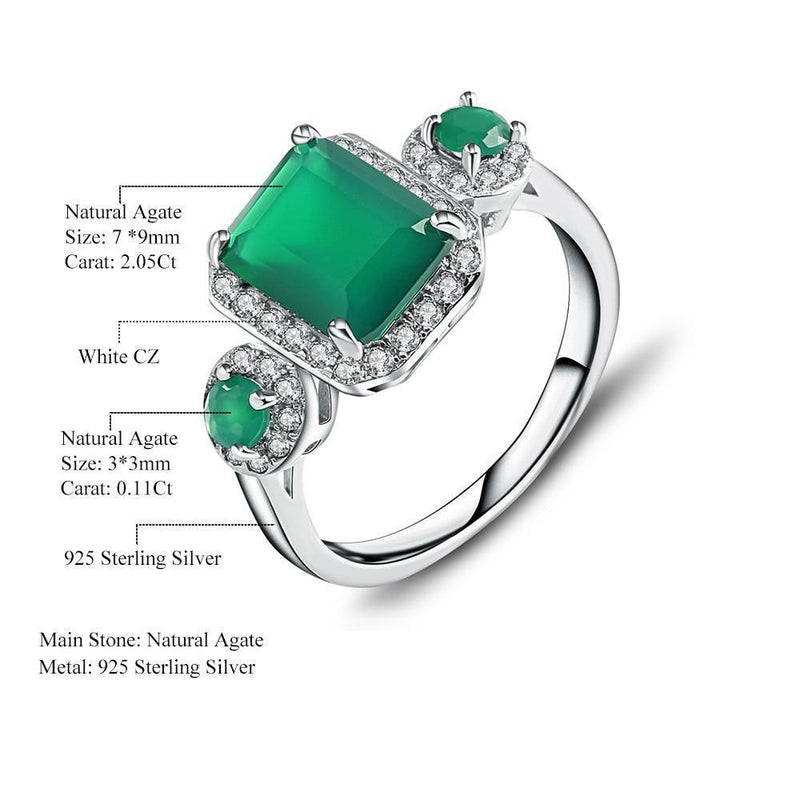 Emerald Cut Triple Green Agate Ring with Cubic Zirconia Halo in Sterling Silver - Lucid Fantasy 