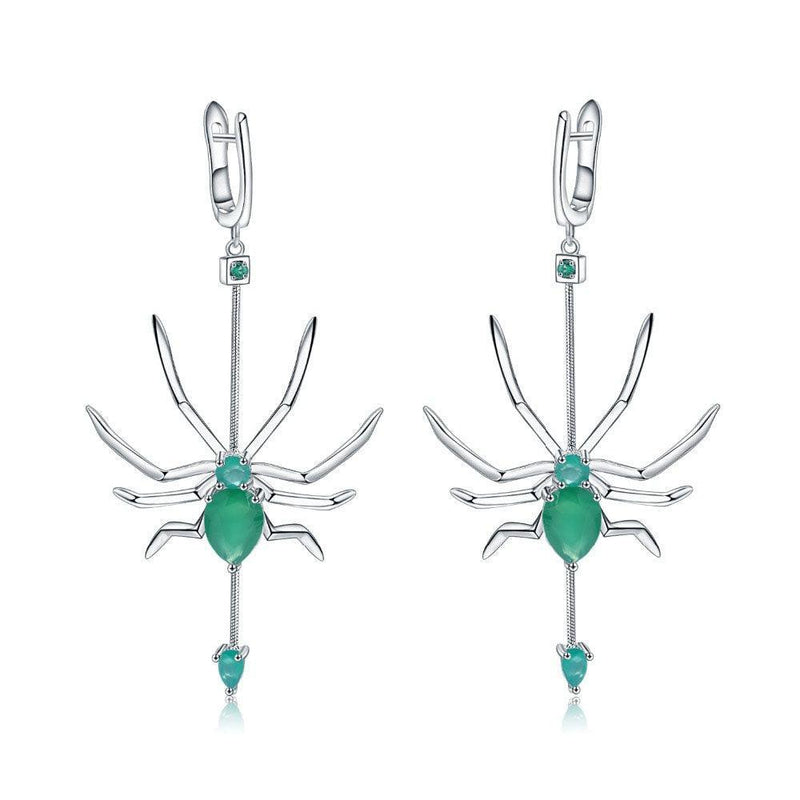 Emerald-Inspired Sterling Silver Spider Drop Earrings with Green Agate - Lucid Fantasy 